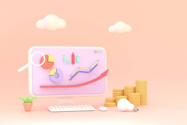 Üç boyutlu. Bilgisayar ve hisse senedi şeması, yatırım, madeni para ve çanta. finansal konseptler