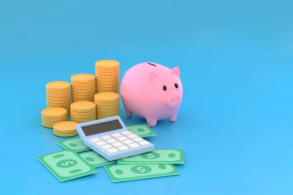 Piggy Bank Moedas Notas Calculadora Para Economia Negócios Símbolo — Fotografia de Stock