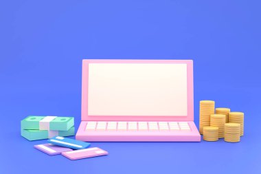 Üç boyutlu. Bilgisayarda bozuk paralar, banknotlar, kredi kartları olan bir ekran. çevrimiçi meşgul