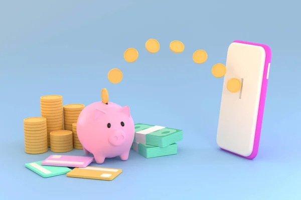 3D financial transactions How to transfer money online between smartphones and piggy banks, saving idea
