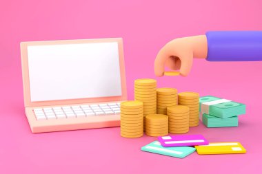 Üç boyutlu. Çizgi filmdeki el parayı tabletle cebe indirir. Para kazanmak. İş ve finans kavramı için