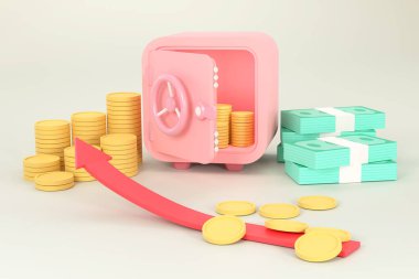 Üç boyutlu. Kasa, bozuk paralar, banknotlar. konsept iş yatırımı.