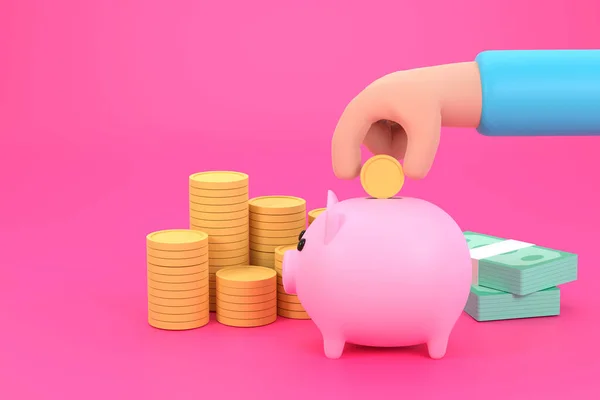 Cartoon Hand Drop Piggy Bank Saving Money Business Finance Planner — Stock Photo, Image