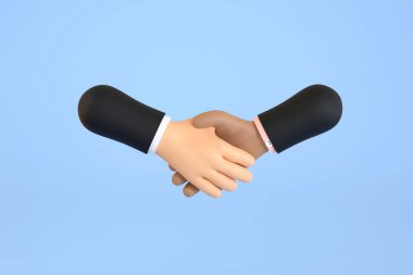 Üç boyutlu. İş adamları el sıkışırken mutlu ve iş konusunda başarılı.