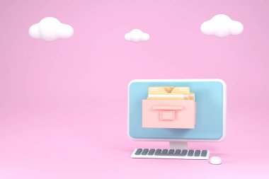 Üç boyutlu. karikatür bilgisayar ekranı doküman çekmece veri yeniden tansiyonu