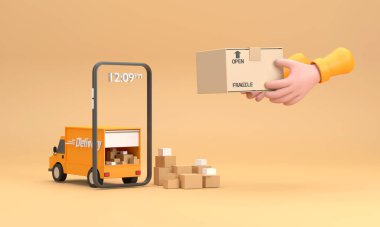 Üç boyutlu. Çizgi film ekspres teslimat. Kurye karavandan kutuyu alır. Teslimat uygulamalı telefon.