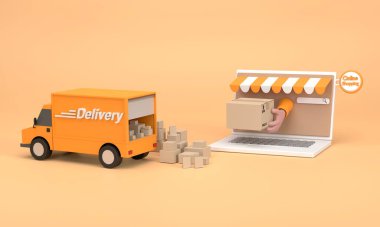 Üç boyutlu. E-ticaret konsepti, çevrimiçi alışveriş ve bilgisayar uygulamasında dağıtım hizmeti