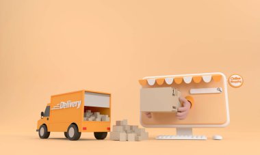 Üç boyutlu. E-ticaret konsepti, çevrimiçi alışveriş ve bilgisayar uygulamasında dağıtım hizmeti
