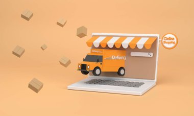 Üç boyutlu. E-ticaret konsepti, çevrimiçi alışveriş ve bilgisayar uygulamasında dağıtım hizmeti