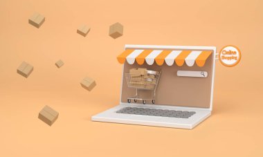 Üç boyutlu. Üç boyutlu. E-ticaret konsepti, çevrimiçi alışveriş ve bilgisayar uygulamasında dağıtım hizmeti