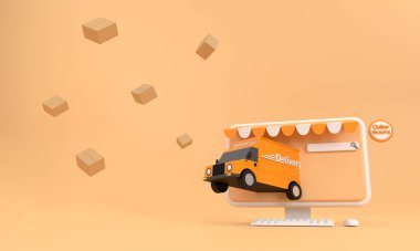 Üç boyutlu. E-ticaret konsepti, çevrimiçi alışveriş ve bilgisayar uygulamasında dağıtım hizmeti