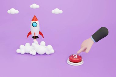 Üç boyutlu. Çizgi film el düğmeye basar ve bir roket ya da uzay aracı fırlatır, başlangıç konsepti