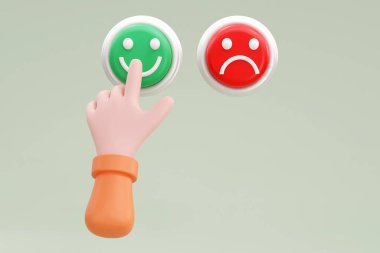 Üç boyutlu. Çizgi film karakteri elleri iki düğmeden birini seçer. İş ya da piyasa klipsleri. Hizmet derecesi kavramı.