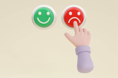 Üç boyutlu. Çizgi film karakteri elleri iki düğmeden birini seçer. İş ya da piyasa klipsleri. Hizmet derecesi kavramı.