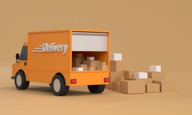 Üç boyutlu. Teslimat minibüsü ve karton kutular. Ürün nakliyesi. Hızlı servis mantarı