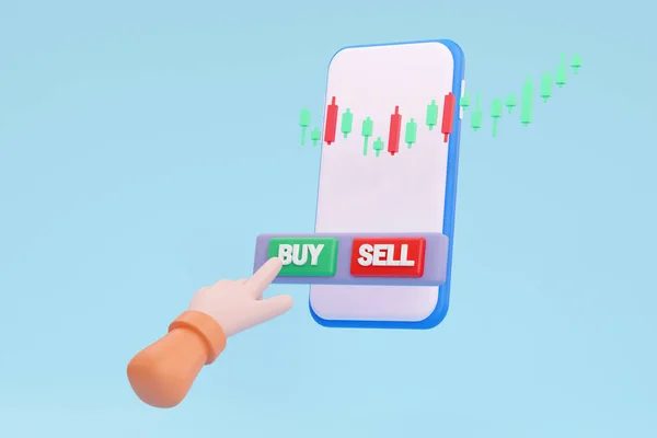 3Dだ 株式市場のビジネスシーン スマートフォンで緑の購入ボタンを押してください 貨幣と世界経済の概念 — ストック写真