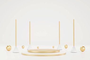 Üç boyutlu. Ürünleri ve altın sütunları sergilemek için podyum