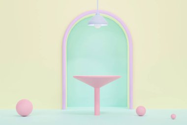 Üç boyutlu. Ürün standı ve kemerli kapı, gösteriler