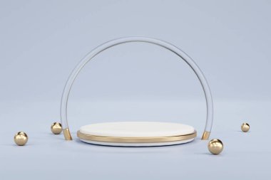 Üç boyutlu. Ürünleri, kavisli camları ve altın topları sergilemek için podyum.