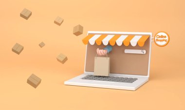 3D karikatür e-ticaret ya da online alışveriş konsepti.