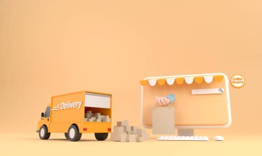 3D karikatür e-ticaret ya da online alışveriş konsepti.