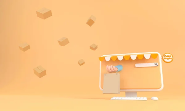 Cartoon Commerce Online Shopping Concept Met Handen Reiken Uit Een — Stockfoto