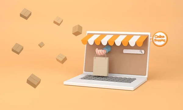 Tecknad Handel Eller Online Shopping Koncept Med Händerna Når Datorskärm — Stockfoto