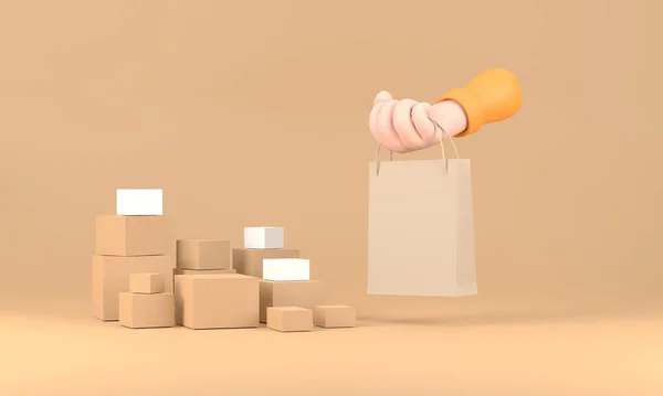 Cartoon Hands Holding Paper Bag Isolated Orange Box Background — Stock Photo, Image