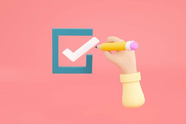 Üç boyutlu. Çizgi film el kontrol listesi kavramı, işaretli kutular üzerinde işaretleme işareti