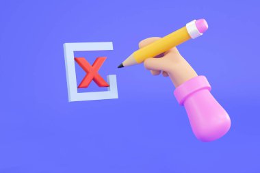 Üç boyutlu. Çizgi film el kontrol listesi kavramı, işaretli kutular üzerinde işaretleme işareti