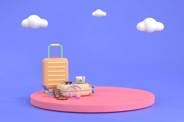 Üç boyutlu. Gösterim veya sunum için gezgin aksesuarlarıyla çevrili podyum sahnesi.