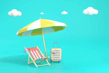 3d. beach sunbed with umbrella, wooden deck chair. Summertime relax clipart