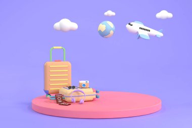 Üç boyutlu. Gösterim veya sunum için gezgin aksesuarlarıyla çevrili podyum sahnesi.