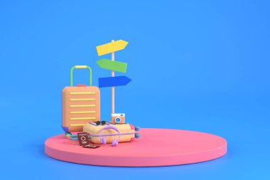 Üç boyutlu. Gösterim veya sunum için gezgin aksesuarlarıyla çevrili podyum sahnesi.