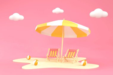 Üç boyutlu. Plaj şemsiyesi ve pastel arka planda plaj sandalyeleri.