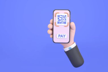 3D. QR code scanning icon in smartphone. hand holding Mobile phone, barcode scanner for pay
