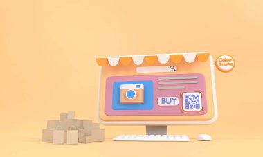 Üç boyutlu. QR kod ekran alımlı bilgisayar bilgisayarı. Çevrimiçi alışveriş kavramı