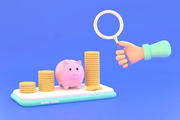 Hand Holding Magnifying Glass Piggy Bank Coins Concept Financial Managemen — Stockfoto