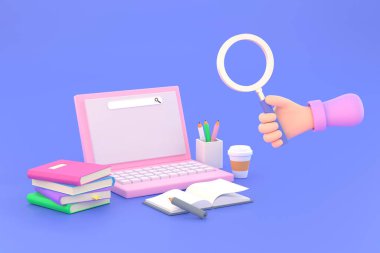 Üç boyutlu. elele tutuşan büyüteç ve eğitim bilgileri için dizüstü bilgisayarı incelemeye hazır olma durumu