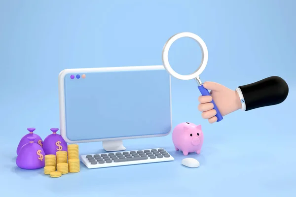 Hand Holding Magnifying Glass Computer Piggy Bank Pile Coins — Φωτογραφία Αρχείου