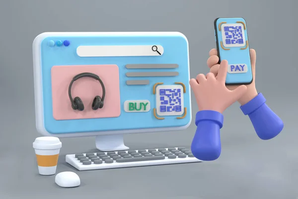 3D. hand smartphone to make mobile wallet payment via QR code scanning digital invoice from computer screen.