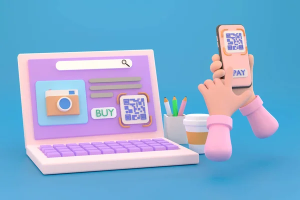 3D. hand smartphone to make mobile wallet payment via QR code scanning digital invoice from computer screen.