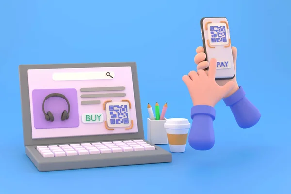 3D. hand smartphone to make mobile wallet payment via QR code scanning digital invoice from computer screen.