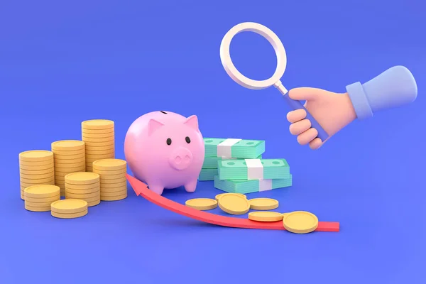 Hand Holding Magnifying Glass Piggy Bank Stacks Coins Banknotes Concept — 스톡 사진