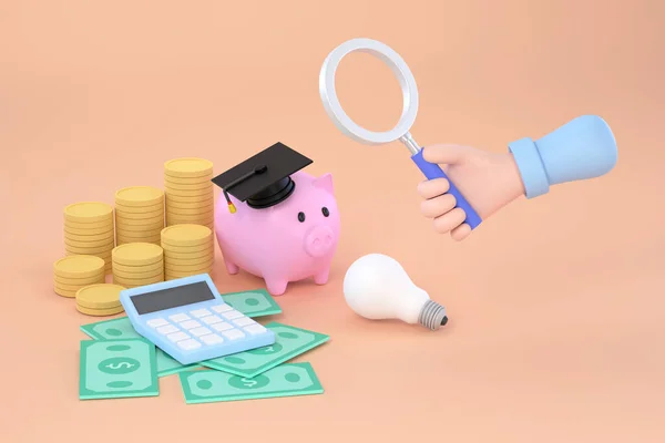 Hand Holding Magnifying Glass Piggy Bank Graduation Cap Collecting Money — 스톡 사진