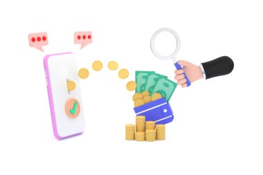 Üç boyutlu. El ele tutuşan büyüteç, Transfer Harcama ve Tasarruf İçin Cep Telefonu. beyaz arkaplan