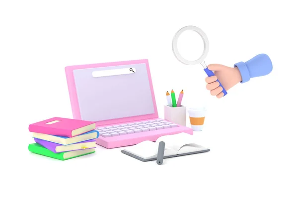 Hand Hält Lupe Und Bereitschaft Laptop Für Bildungsinformationen Studieren Weißer — Stockfoto