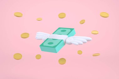 3D uçan para yığını. Para harcamaları, nakitsiz toplum kavramı.