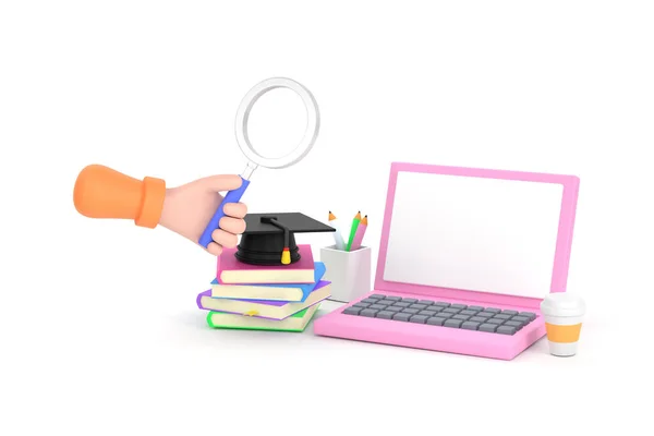 Een Hand Houden Vergrootglas Studie Laptop Educatieve Informatio — Stockfoto