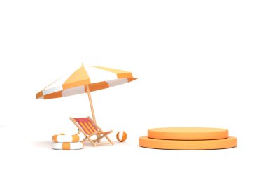 Üç boyutlu. Plaj şemsiyesi, plaj topu, yüzme yüzüğü ve plaj sandalyesi. Yaz seyahati ve tatil konsepti